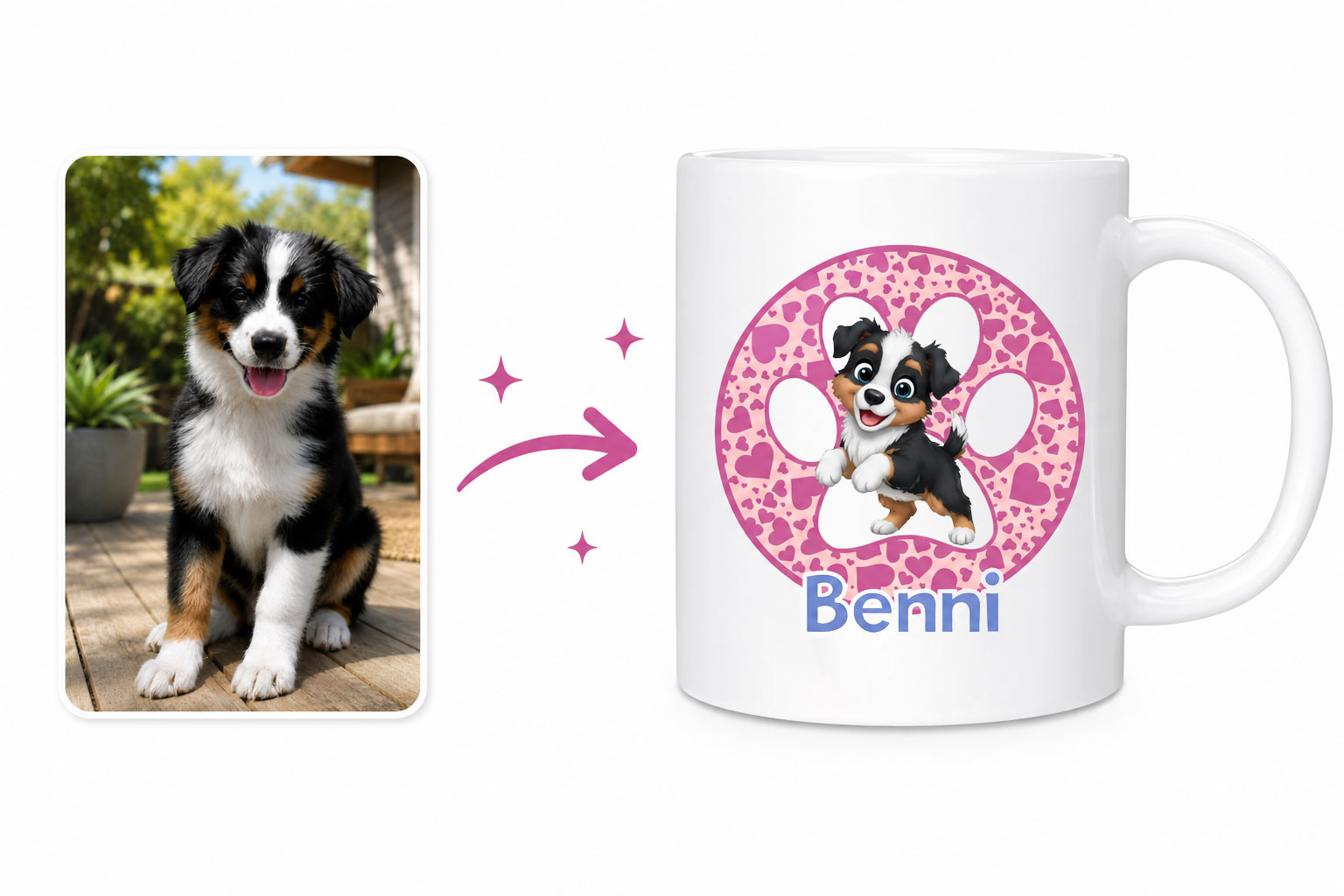 A pet photo transformed into a personalized cartoon pet mug